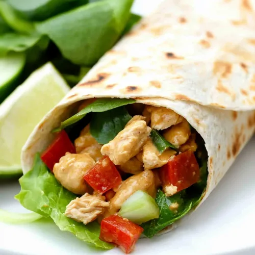 Healthy wrap presentation highlighting crisp lettuce, juicy chicken, and bright peppers.