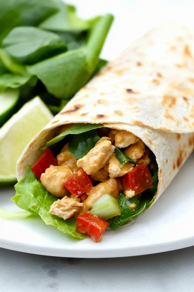 Healthy wrap presentation highlighting crisp lettuce, juicy chicken, and bright peppers.