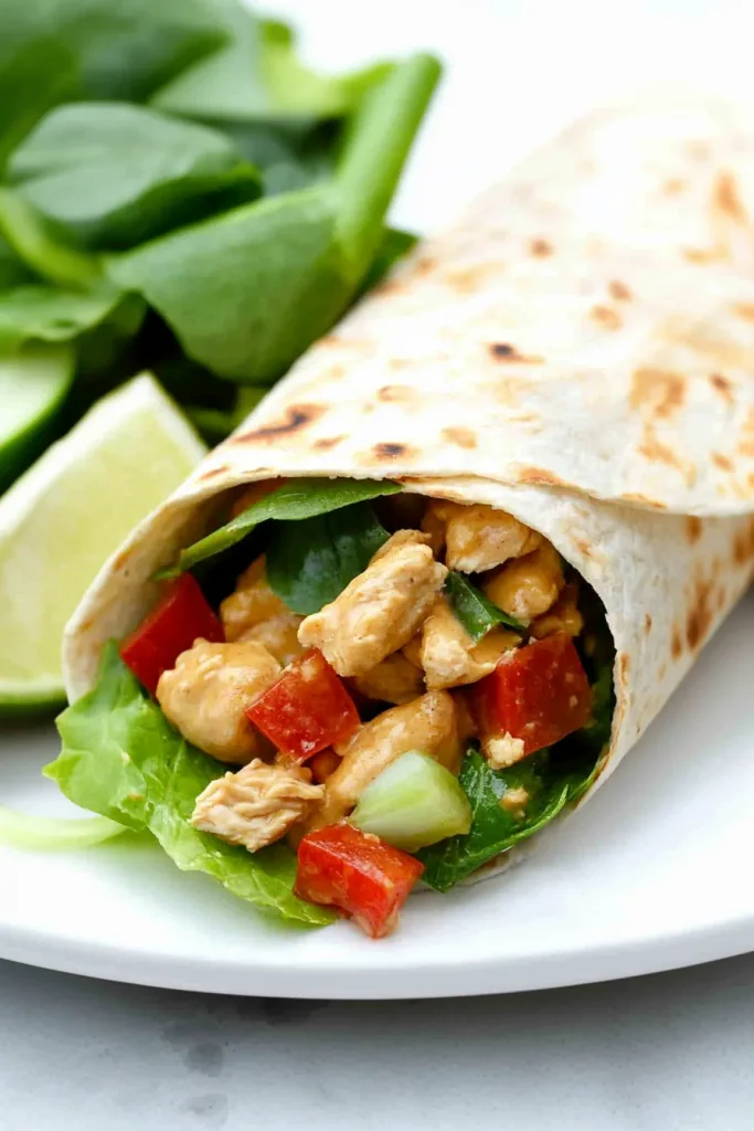 Healthy wrap presentation highlighting crisp lettuce, juicy chicken, and bright peppers.