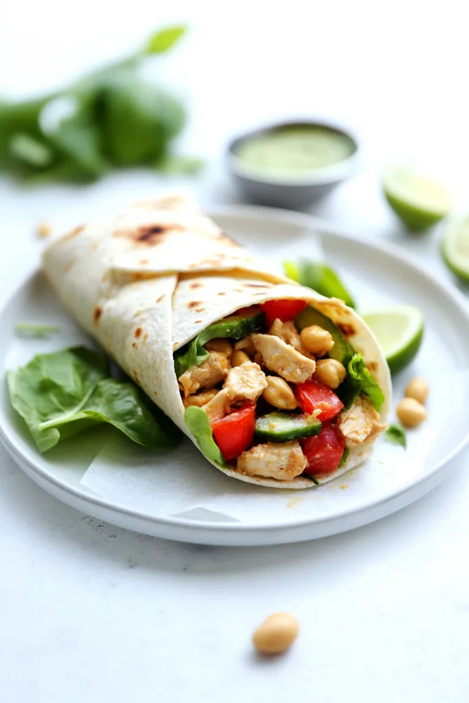 Plate with a neatly rolled wrap, garnished with lime and herbs in the background.