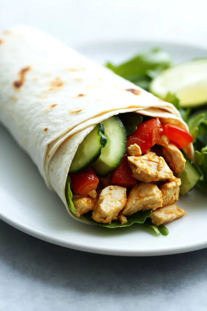 Fresh wrap sliced open to reveal crunchy greens and tender chicken pieces.