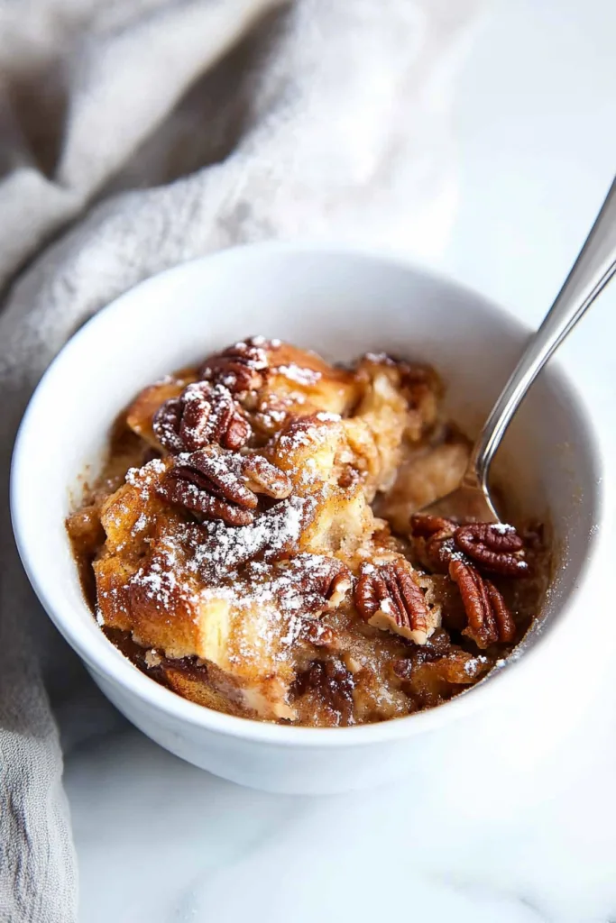 Dessert bowl on a marble counter with pecans glistening under a dusting of sugar.