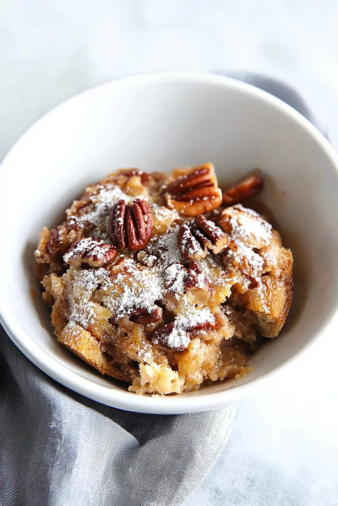 Warm and gooey bread pudding with cinnamon filling and crunchy pecans on top.