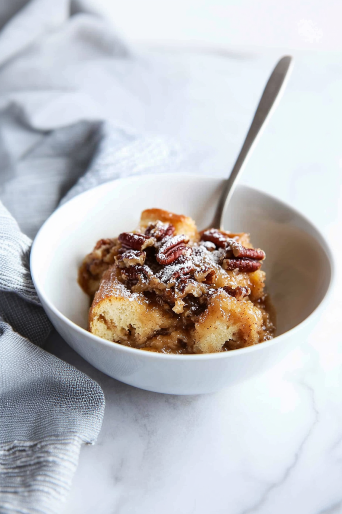 Homemade dessert casserole featuring soft custard-soaked bread and toasted pecans.