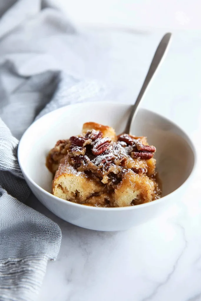 Homemade dessert casserole featuring soft custard-soaked bread and toasted pecans.