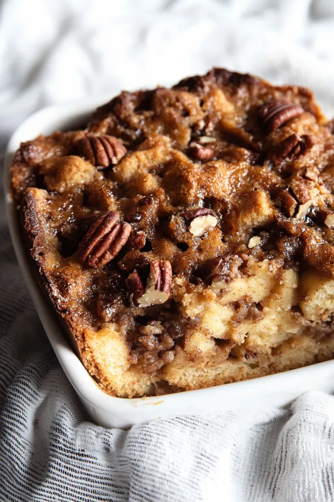 Golden pecan-topped bread pudding fresh from the oven in a white baking dish.