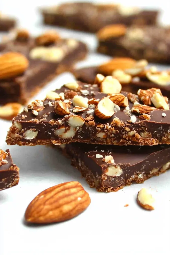 Rich confection showing glossy chocolate layer with nut fragments throughout.