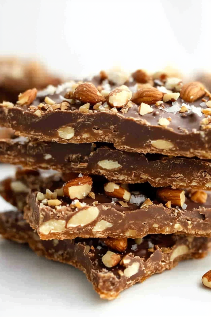 Stacked pieces of crunchy toffee topped with coarse salt and chopped nuts.