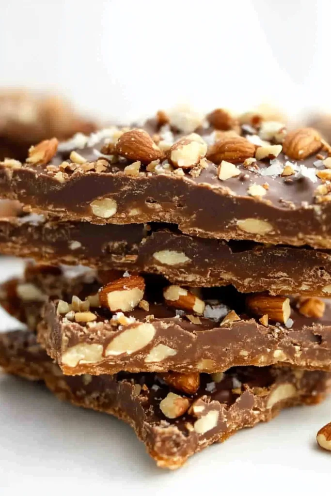 Stacked pieces of crunchy toffee topped with coarse salt and chopped nuts.