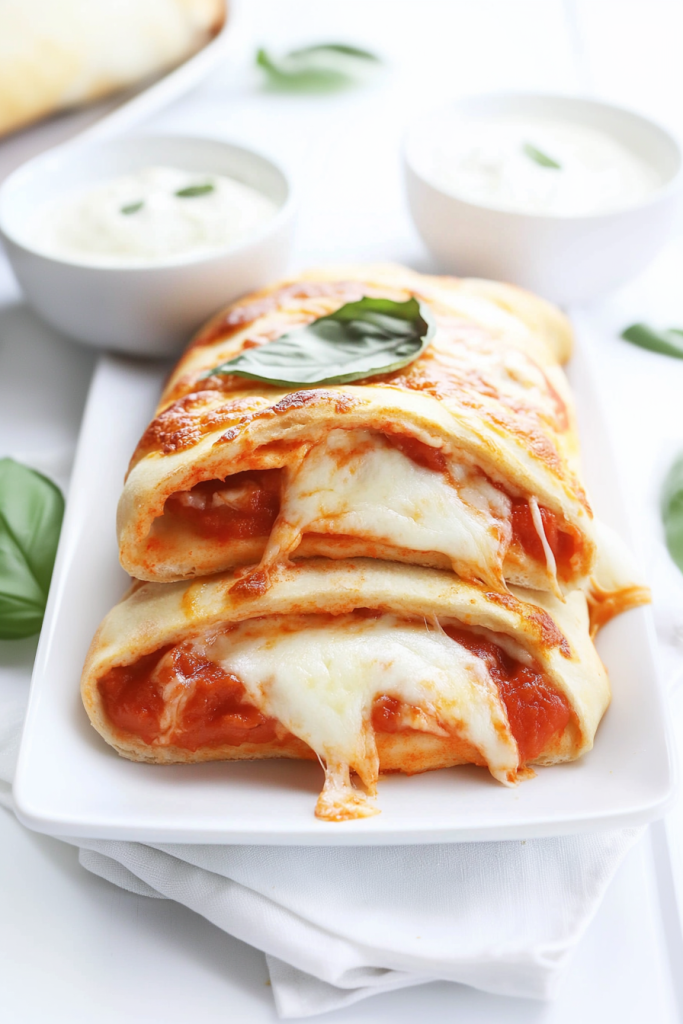 Cheesy pepperoni bread pizza sliced and served with fresh basil leaves