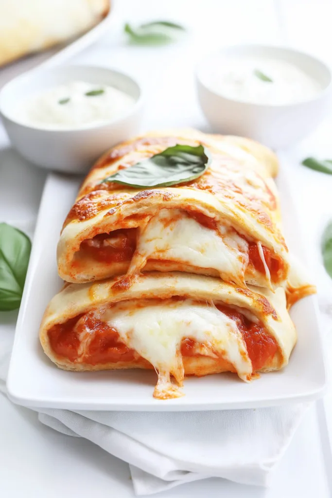Cheesy pepperoni bread pizza sliced and served with fresh basil leaves