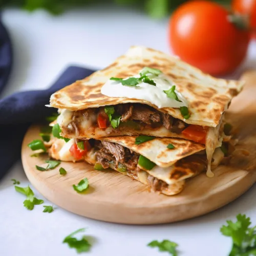 Final serving shot showing quesadilla halves topped with fresh cilantro and a dollop of cream.