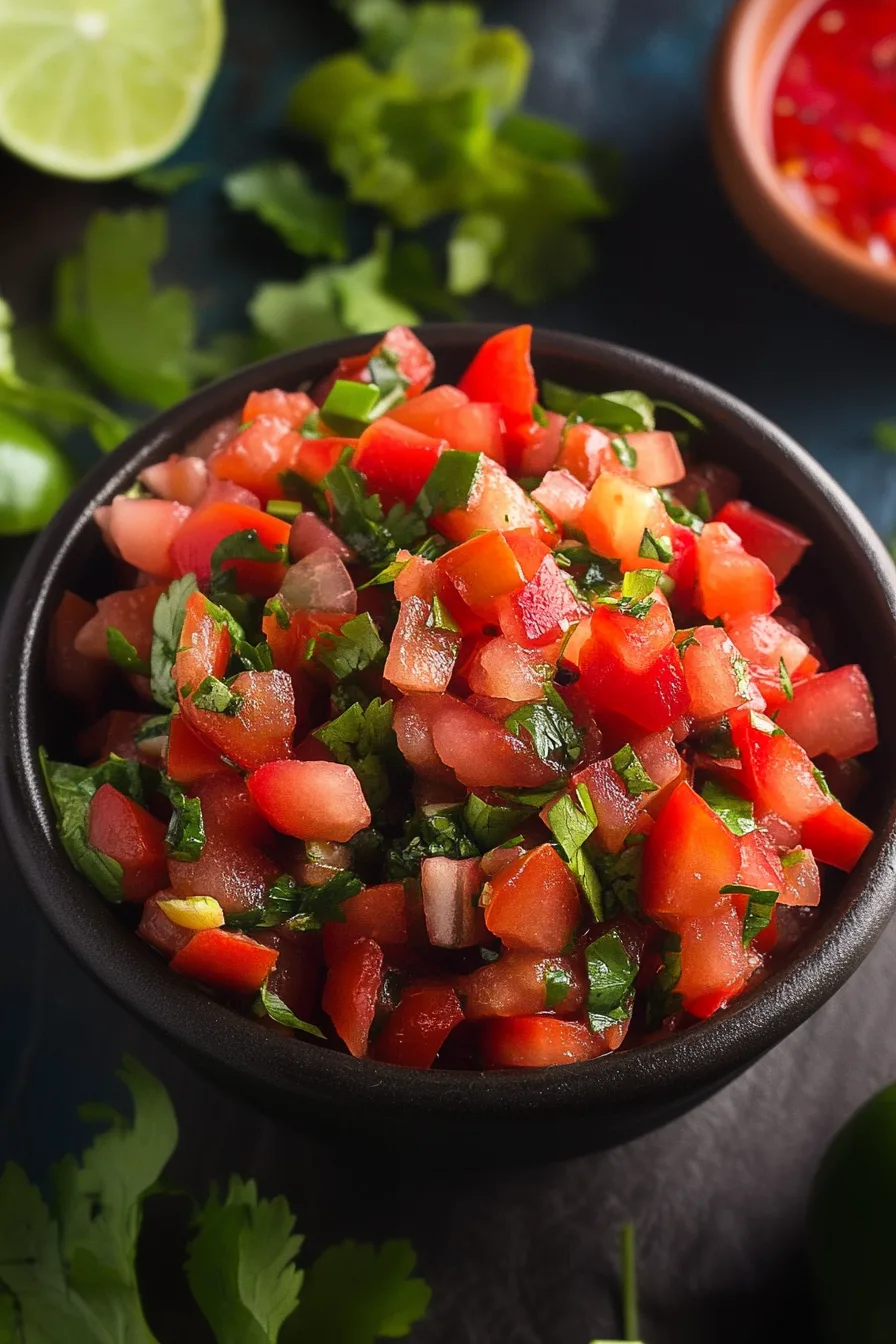 Close-up of colorful chopped vegetables mixed together for a fresh dip.