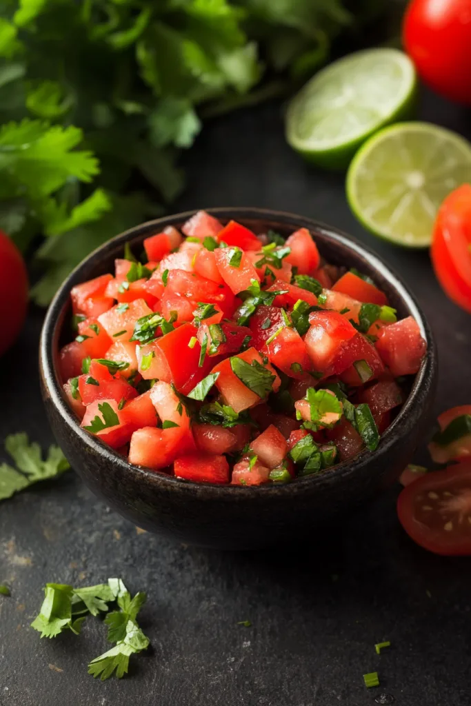 Freshly prepared salsa in a bowl with scattered ingredients adding texture and color.
