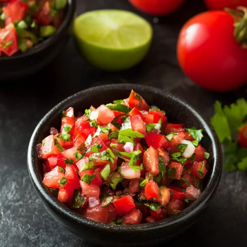 Rustic serving of salsa surrounded by lime and whole tomatoes on a dark surface.