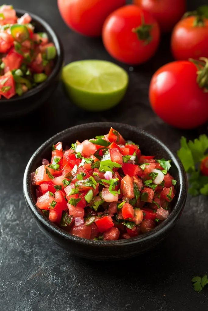 Rustic serving of salsa surrounded by lime and whole tomatoes on a dark surface.