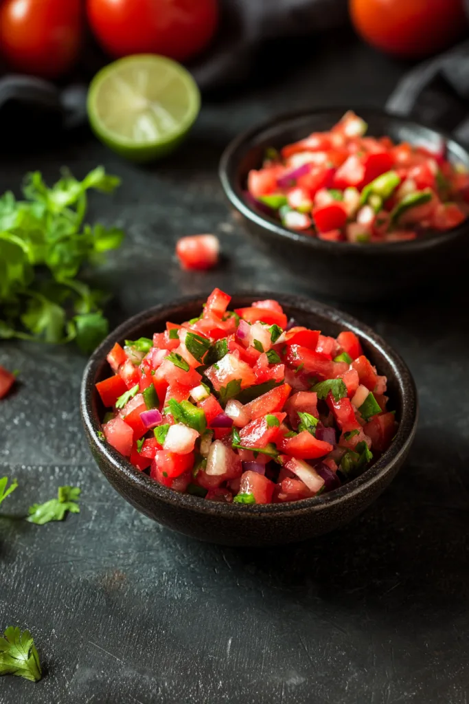 Bowl of vibrant salsa with diced tomatoes, onions, cilantro, and peppers.