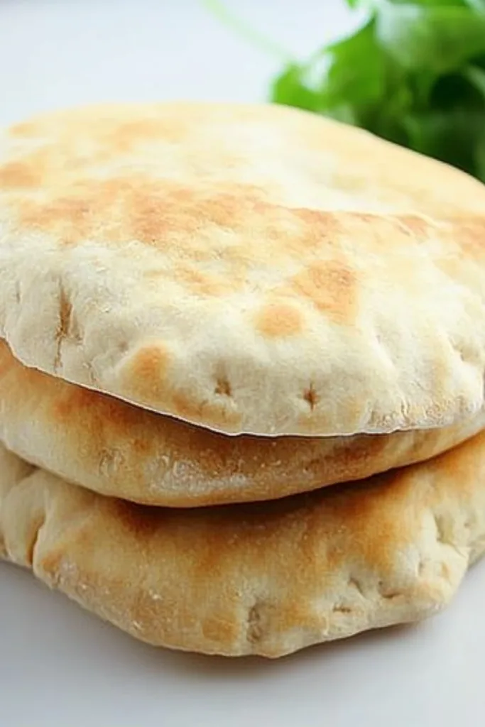 Close-up of puffed flatbread showing browned spots and airy texture.