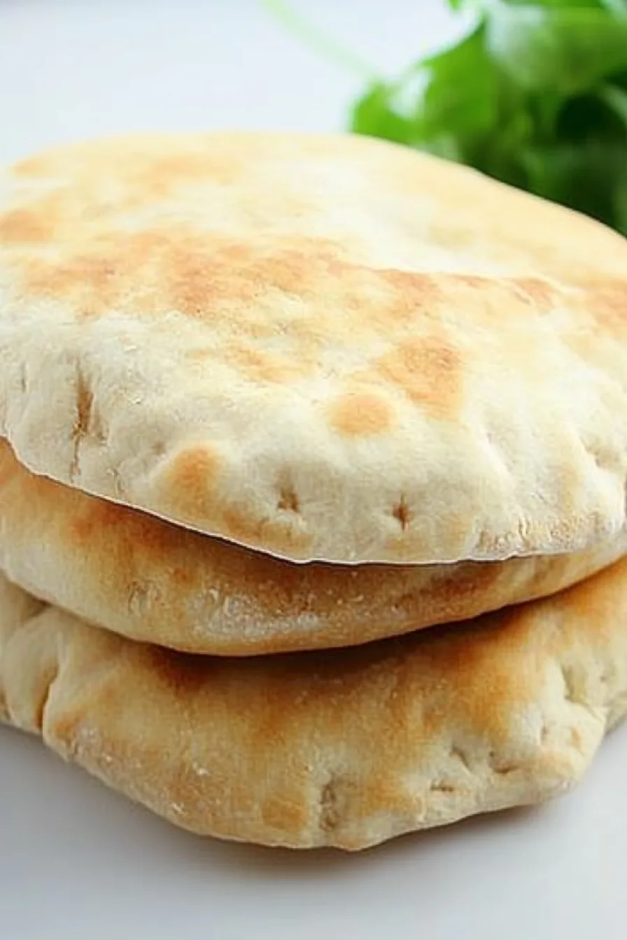 Close-up of puffed flatbread showing browned spots and airy texture.