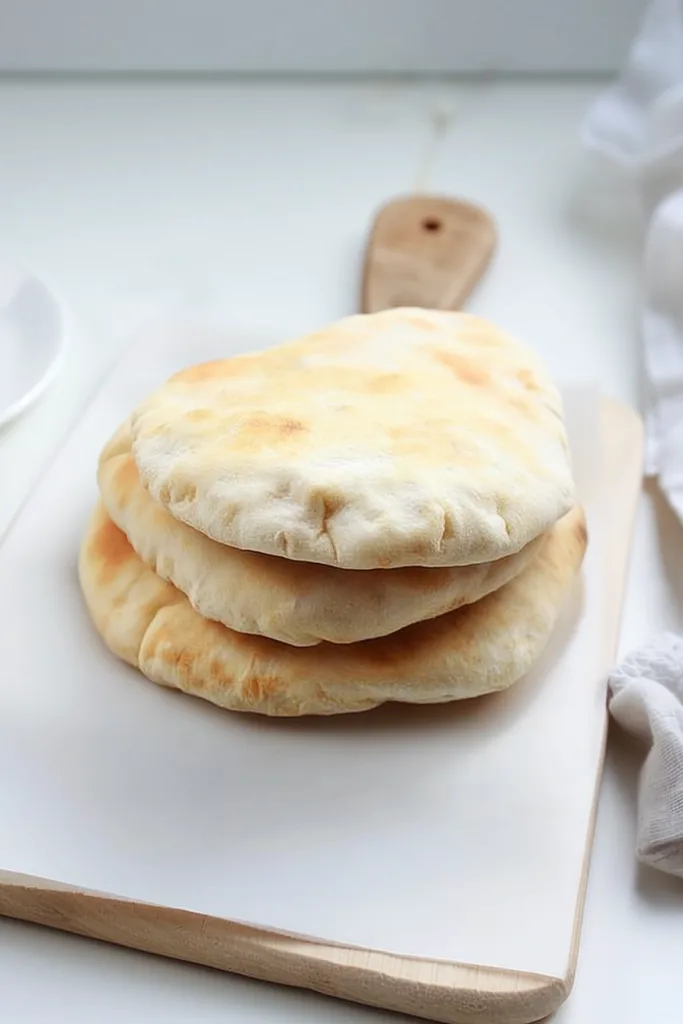 Stacked rounds of freshly baked bread with a light golden crust.