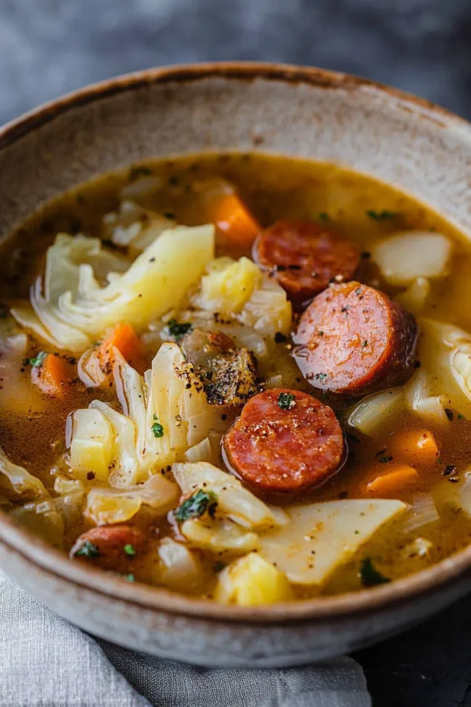 Comforting winter soup with chunks of potato, carrot, and sausage in golden broth.