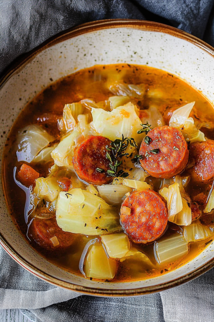 Close-up of hearty sausage and vegetable soup sprinkled with herbs.