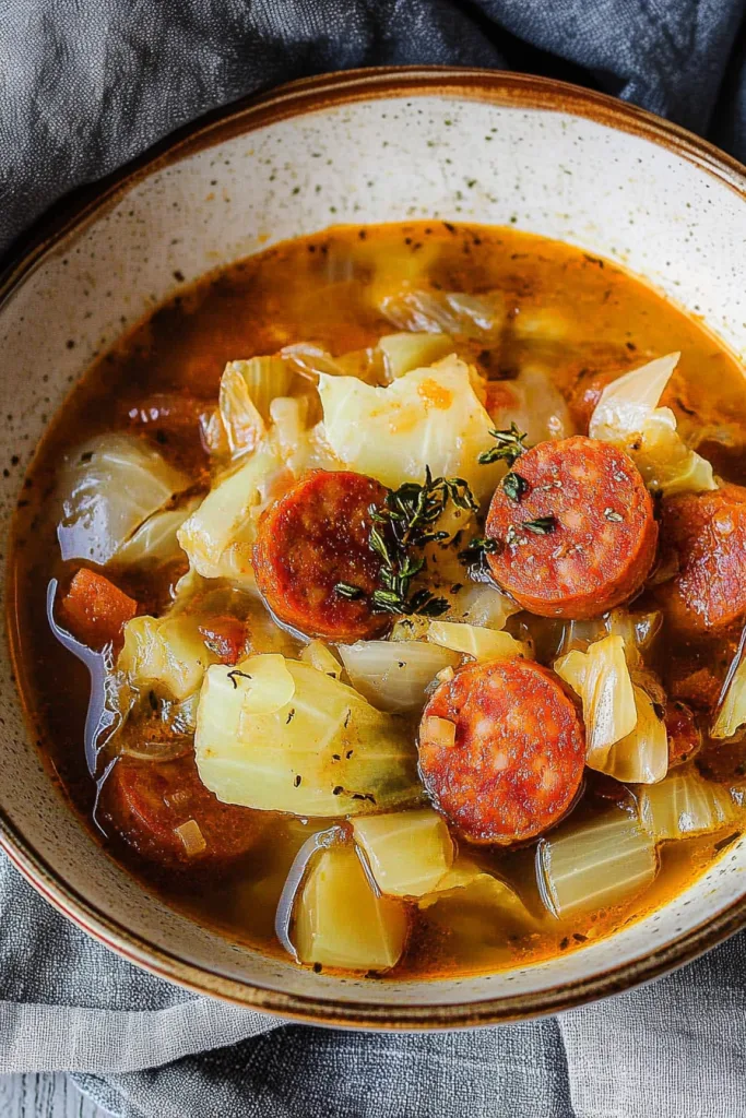Close-up of hearty sausage and vegetable soup sprinkled with herbs.