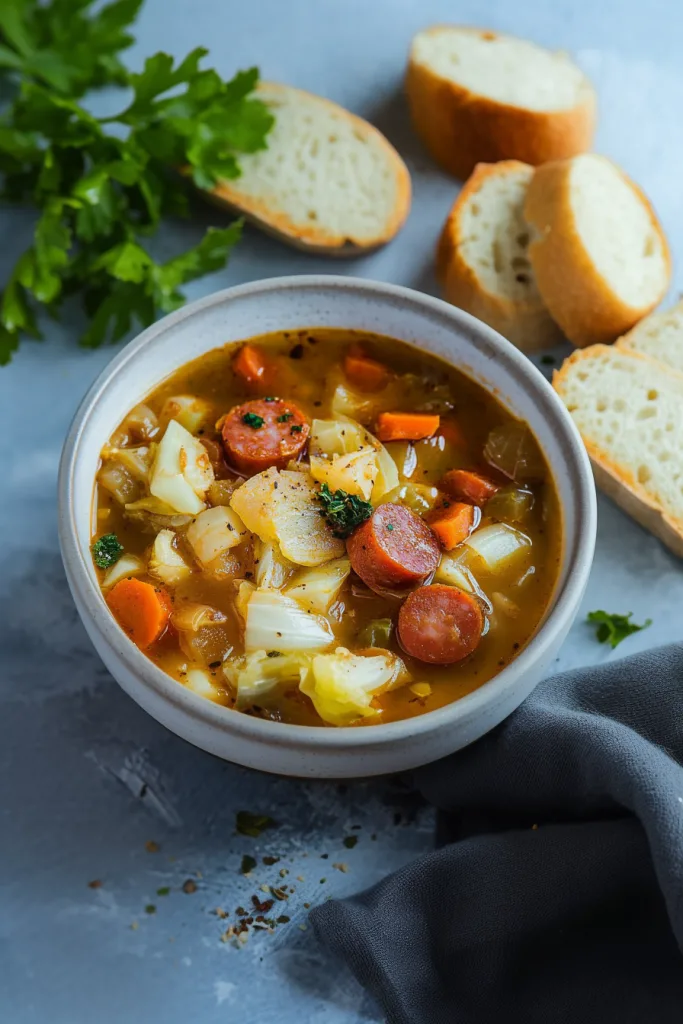 Overhead view of steaming cabbage and kielbasa soup served in a white bowl.