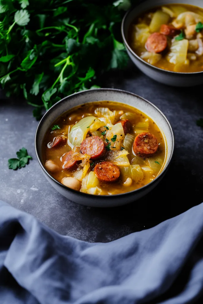 Bowl of rustic soup with sliced sausage, cabbage, carrots, and potatoes in clear broth.