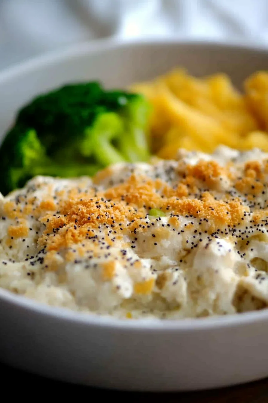 Baked chicken casserole with a rich creamy sauce and golden crunchy topping in a white bowl.