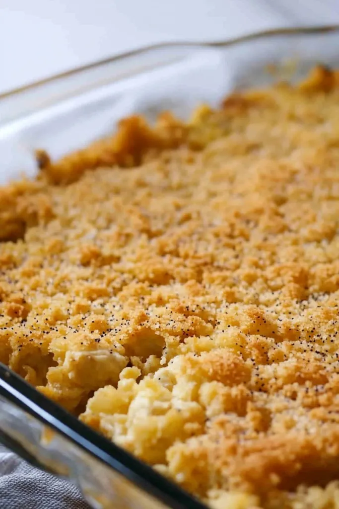 Hearty baked casserole dish with tender chicken in a creamy filling and crisp golden topping.