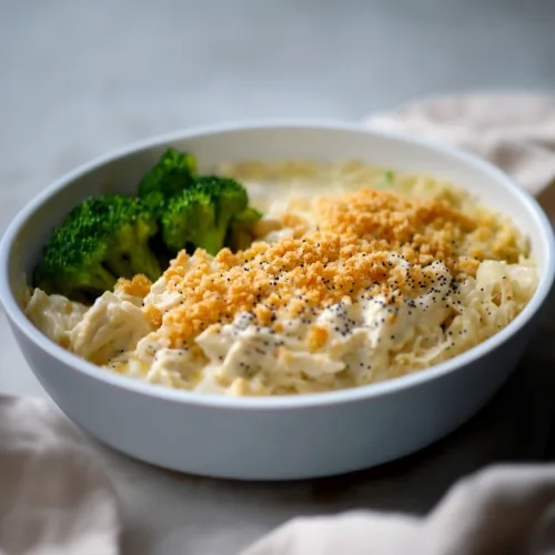 Creamy chicken casserole topped with buttery crackers and poppy seeds, served with broccoli and pasta.