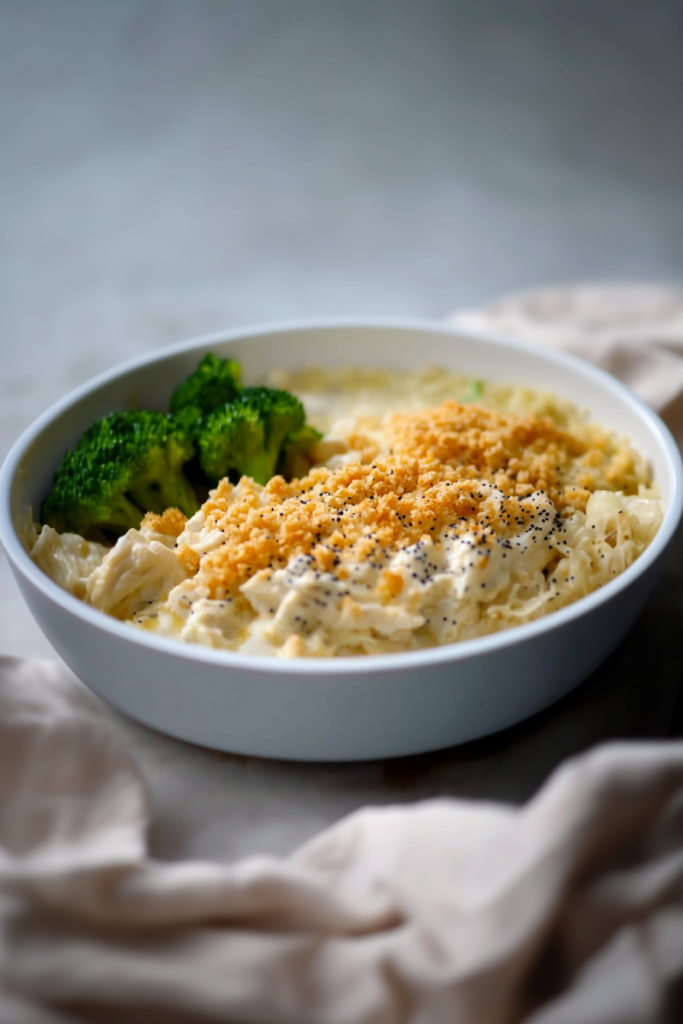 Creamy chicken casserole topped with buttery crackers and poppy seeds, served with broccoli and pasta.