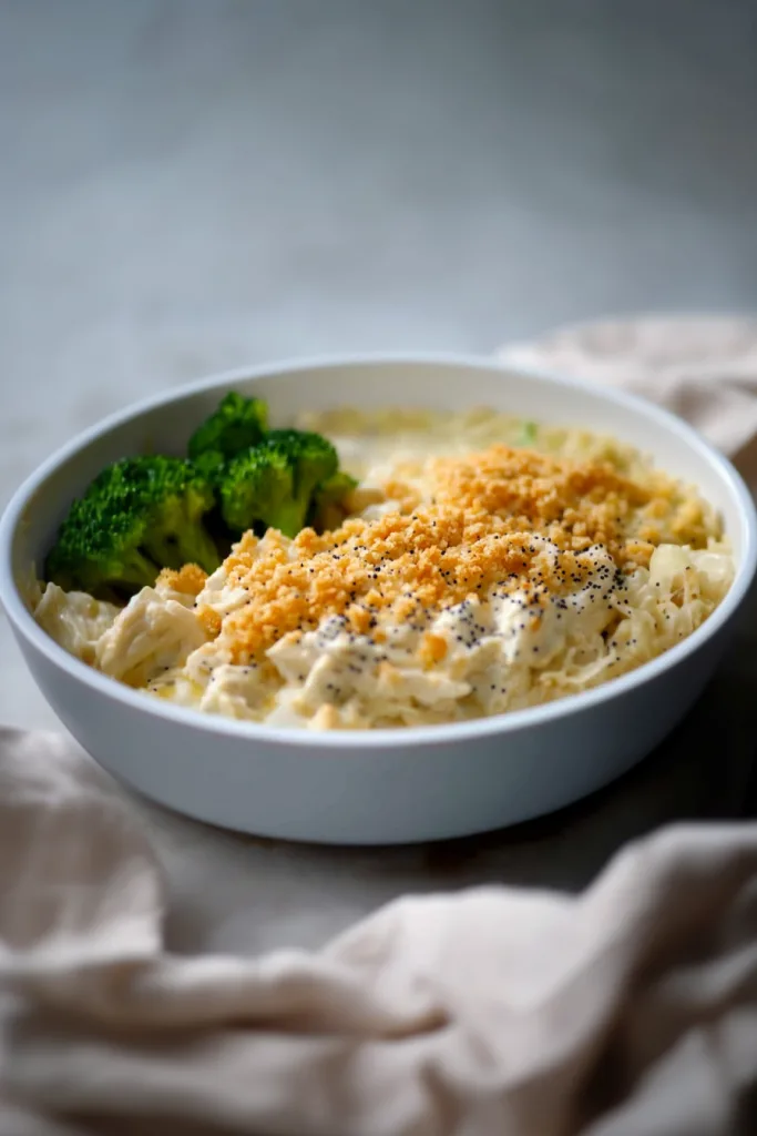 Creamy chicken casserole topped with buttery crackers and poppy seeds, served with broccoli and pasta.