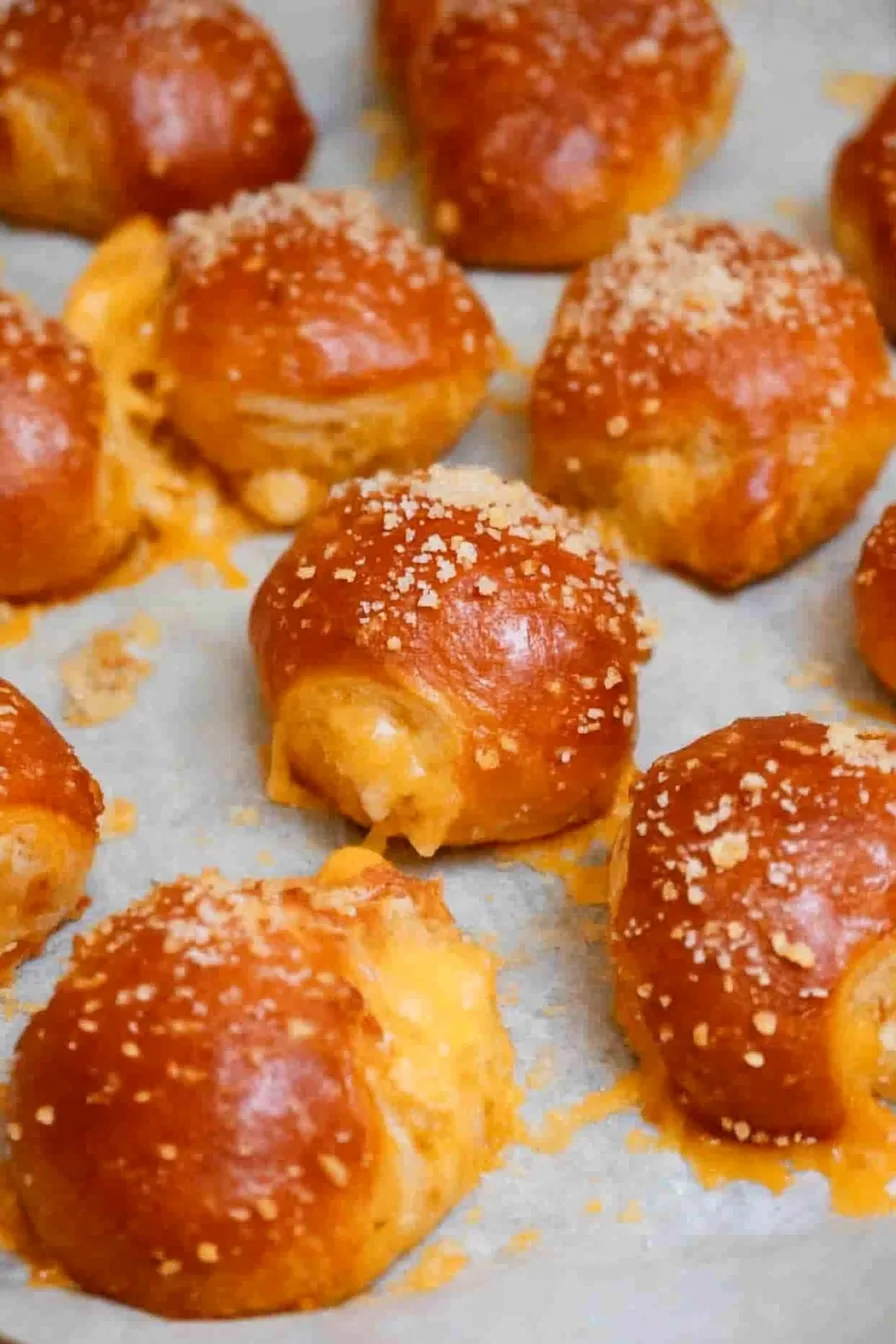 Overhead view of pretzel bites arranged neatly, showcasing crisp crust and gooey cheese.