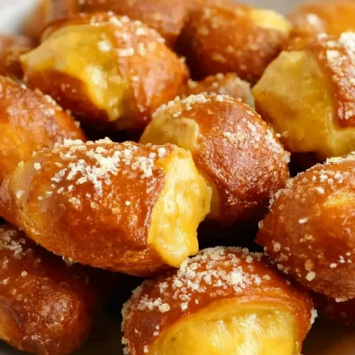 Savory snack presentation with warm pretzel dough and creamy cheese inside.