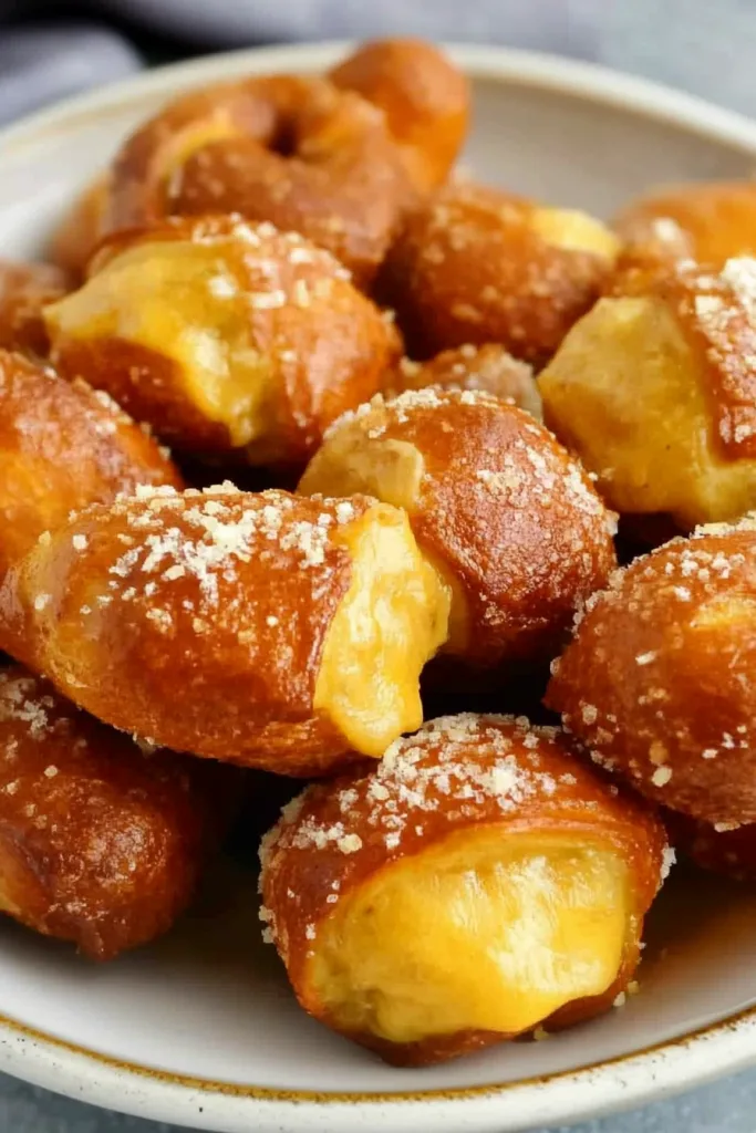 Savory snack presentation with warm pretzel dough and creamy cheese inside.