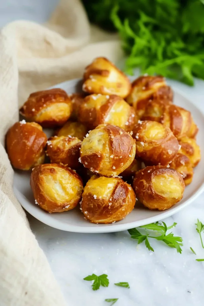 Plate of bite-sized pretzels highlighting their chewy texture and rich filling.