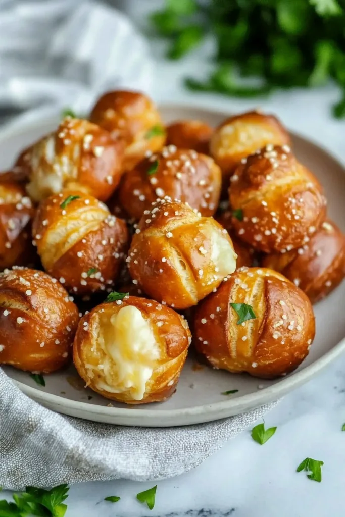 Golden-brown pretzel bites sprinkled with coarse salt and filled with melted cheese.