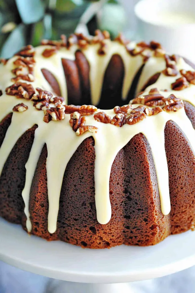 Moist pumpkin bundt cake sliced to reveal cream cheese filling, displayed on a white stand.