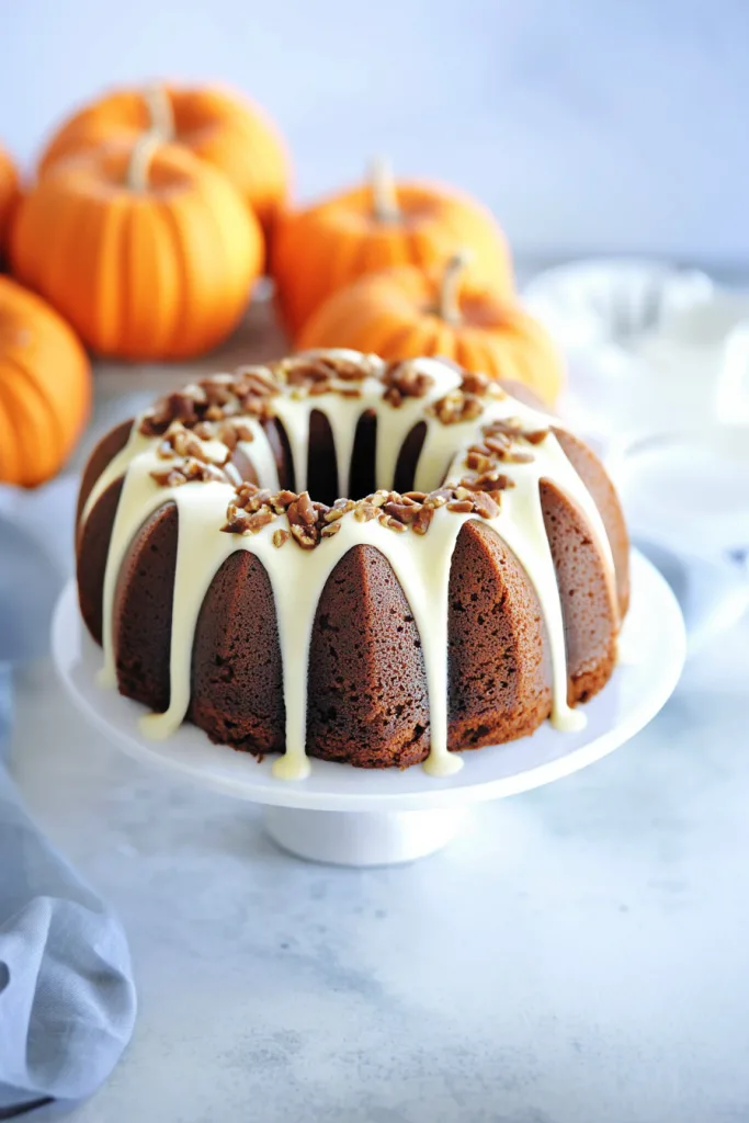 Festive autumn bundt cake with glossy icing and crunchy pecan garnish.