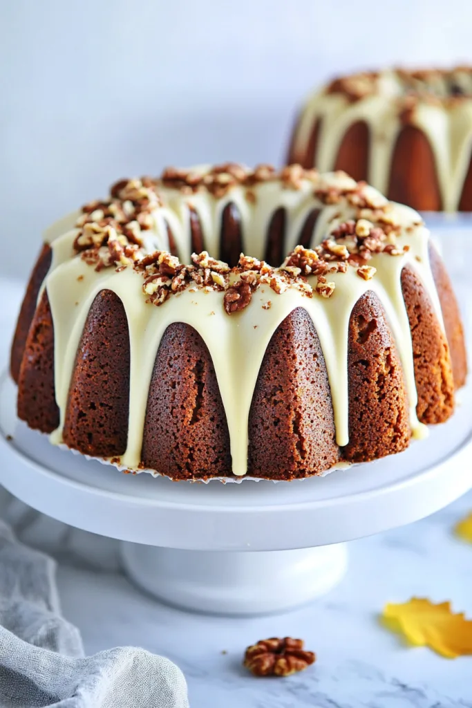 Golden bundt cake topped with creamy white icing and sprinkled pecans on a pedestal stand.