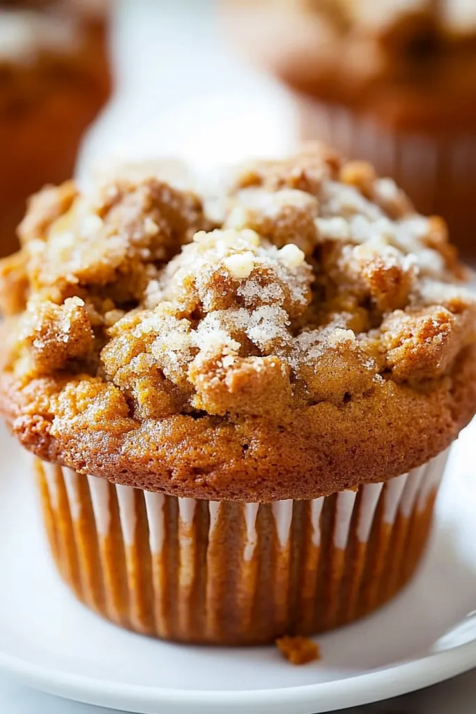 Close-up of moist muffin showing cream cheese swirl inside.