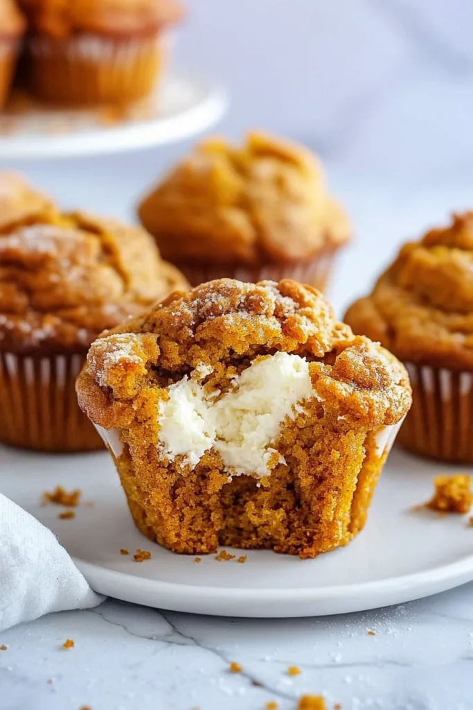 Golden pumpkin muffin with crumb topping and creamy center.