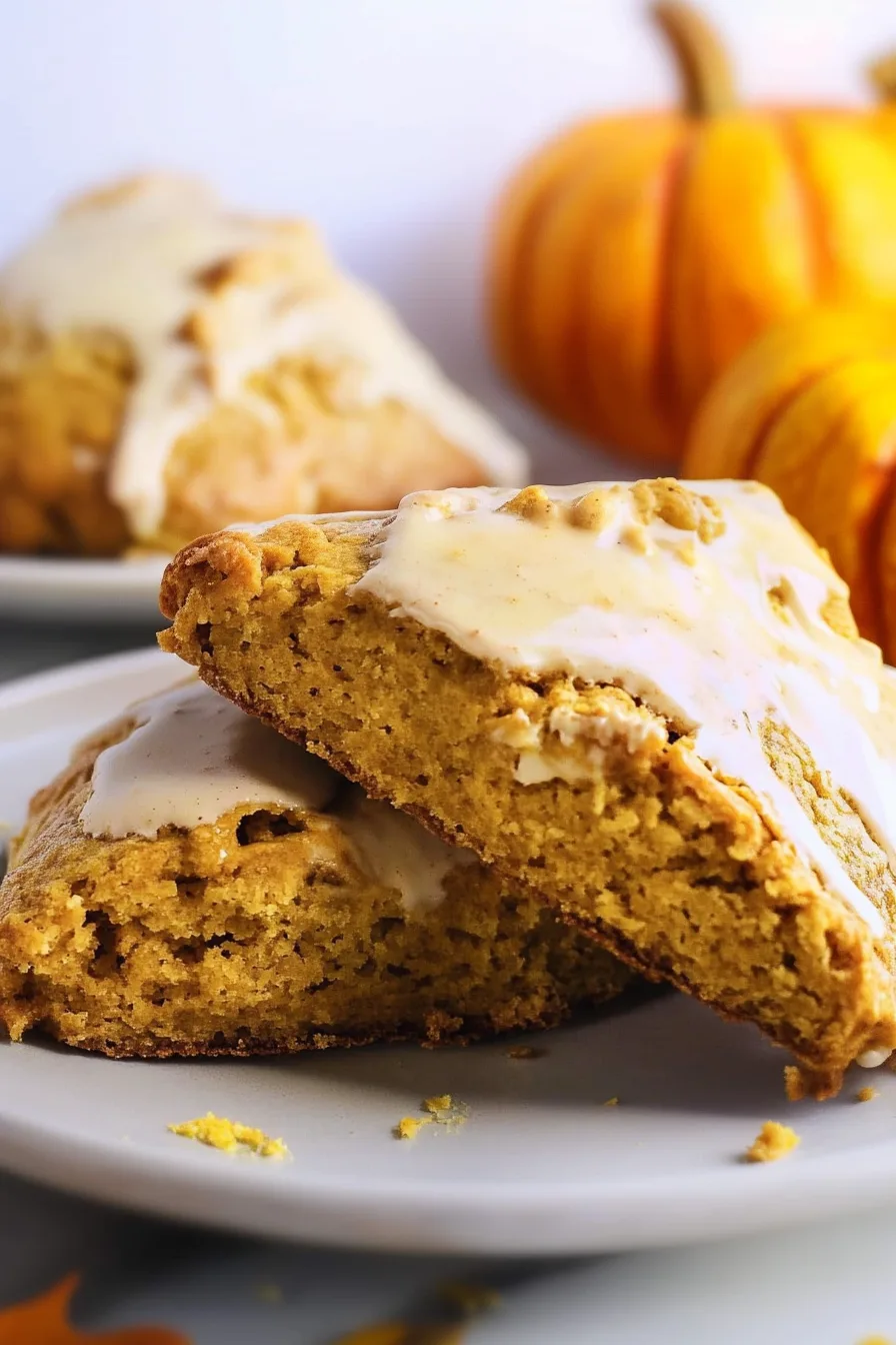 Cozy fall presentation: glazed scones on a white plate with pumpkins in the background.