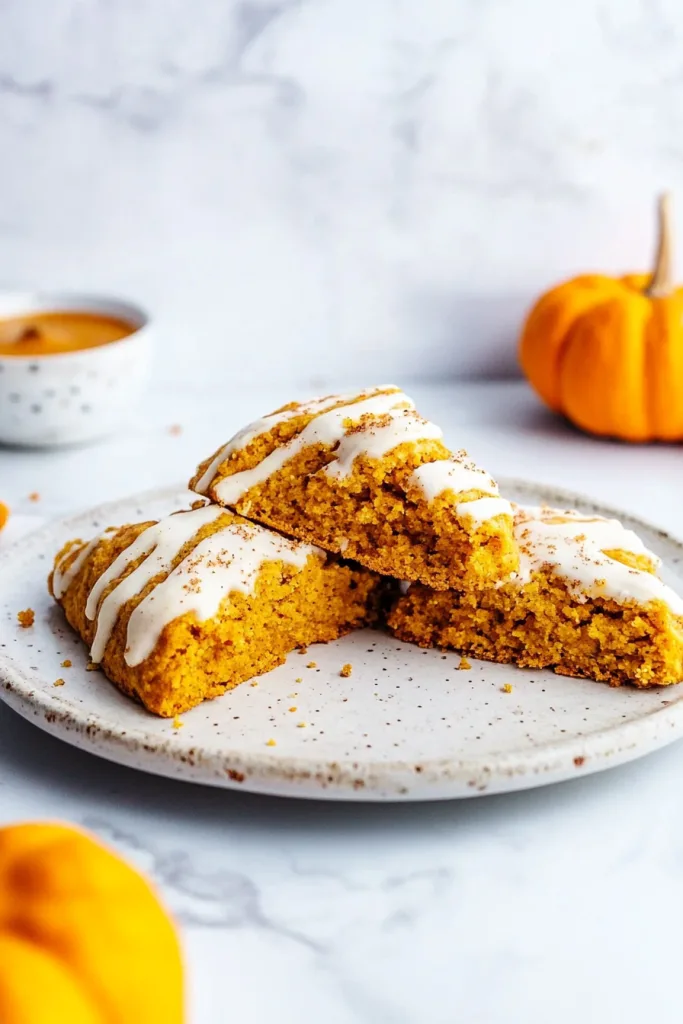 Golden-brown scones stacked on a plate, topped with a glossy glaze and surrounded by autumn dรฉcor.