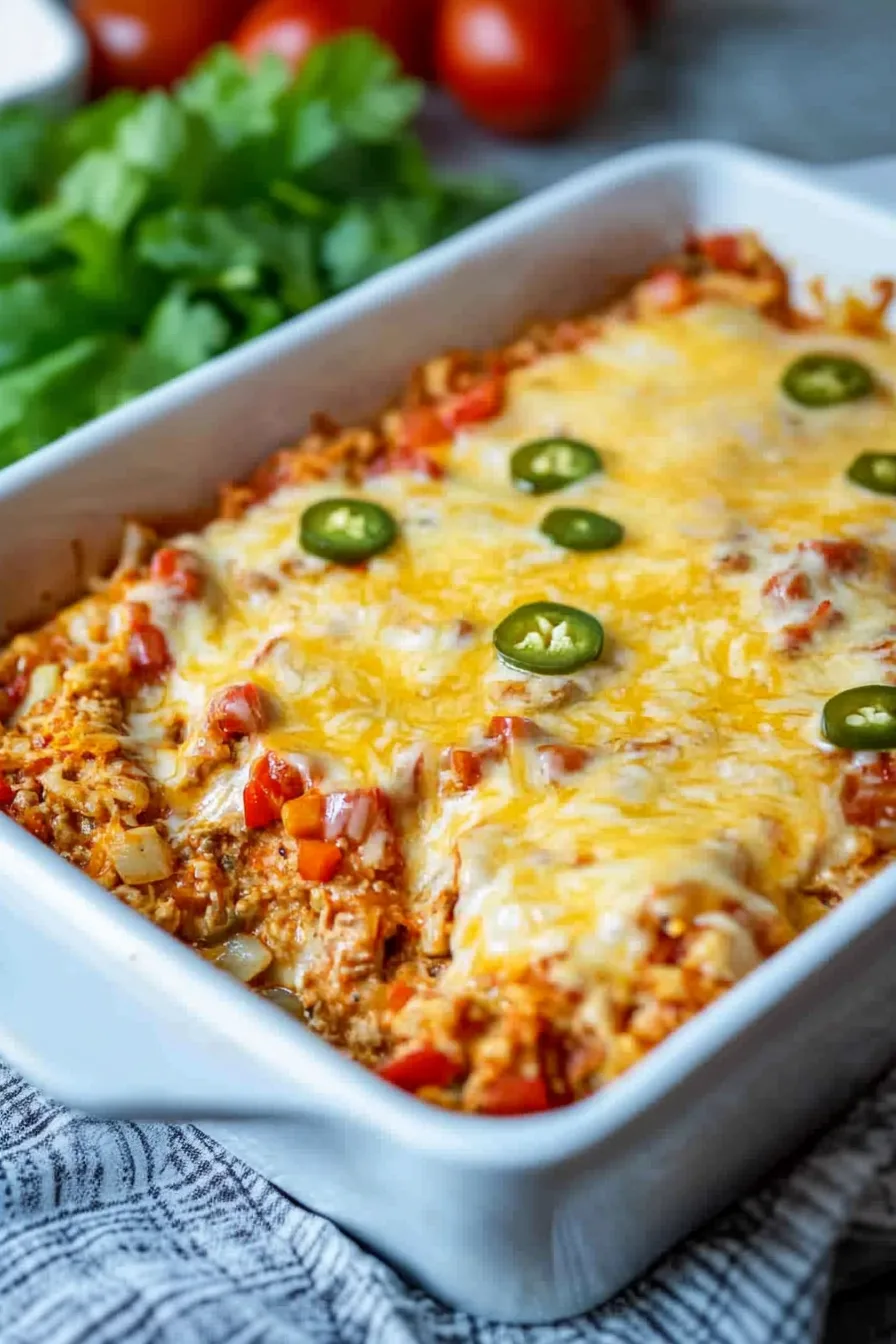 Cheesy baked casserole topped with sliced jalapeรฑos and fresh herbs.