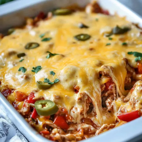 Savory layered dish in a white pan, highlighting its bubbly crust.