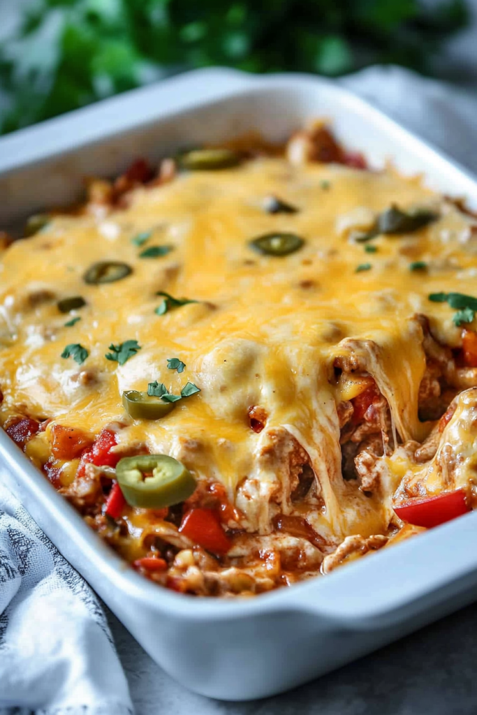 Savory layered dish in a white pan, highlighting its bubbly crust.