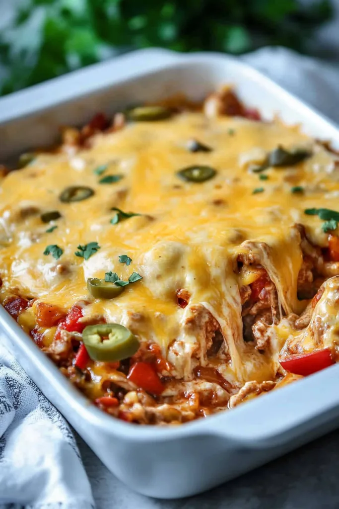 Savory layered dish in a white pan, highlighting its bubbly crust.